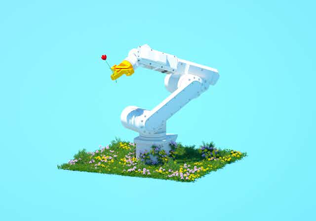 Illustration of robotic arm on a patch of meadow holding tupic in its claw
