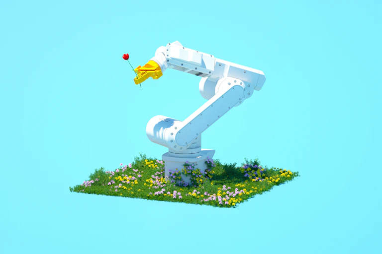 Illustration of robotic arm on a patch of meadow holding tupic in its claw