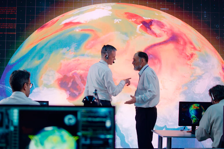 Two men talking in front of large display of temperature on earth