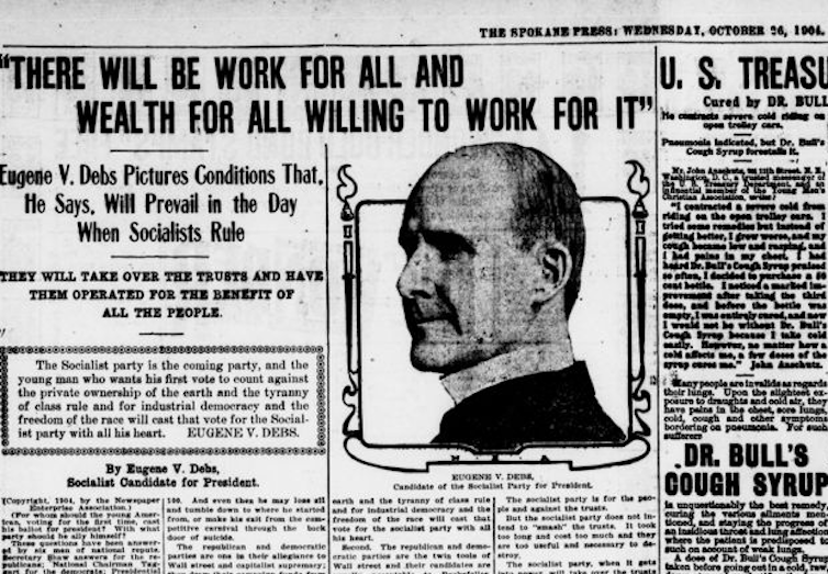 A balding man's profile illustrating an old newspaper article headlined'There will be work for all and wealth for all willing to work for it.'