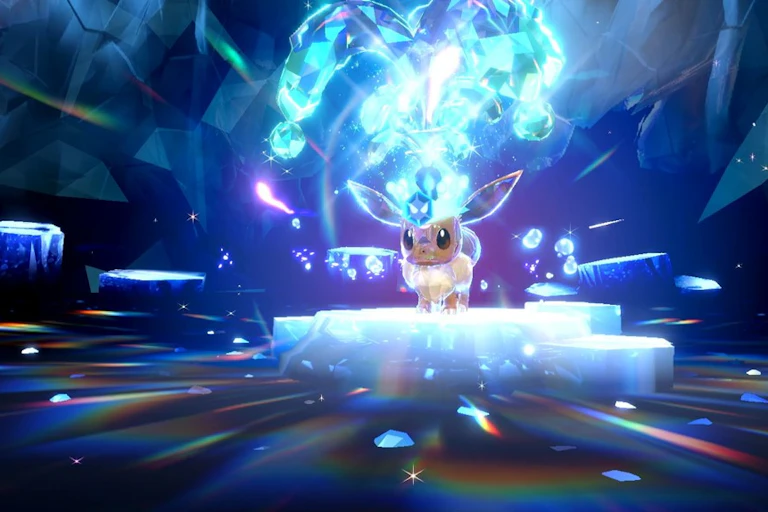 A pokemon evolving with blue crystals above its head.