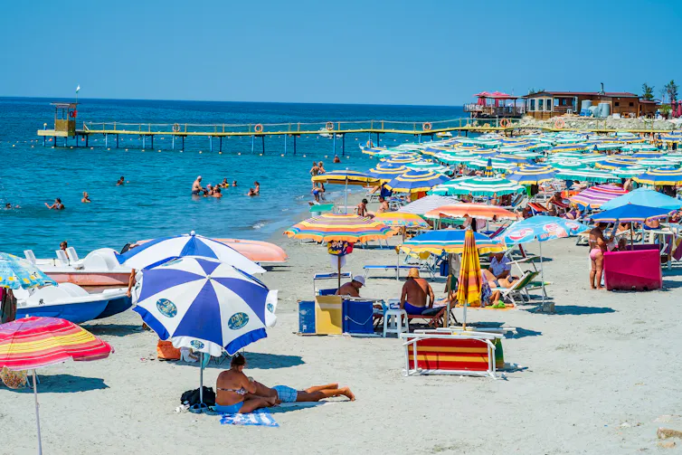 A crowd of people sitting under umbrellas at the beach.