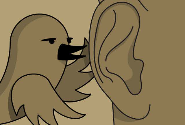 Drawing of bird whispering into human ear.