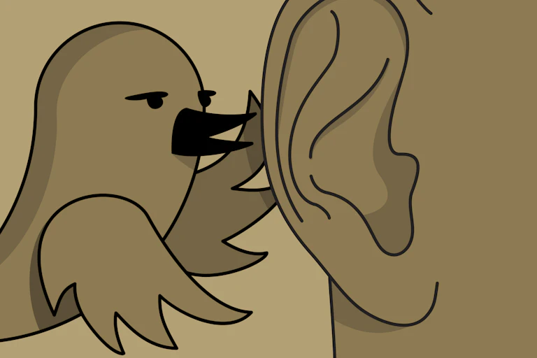 Drawing of bird whispering into human ear.