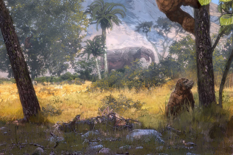 Artistic rendering of *Morotopithecus* in its habitat
