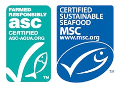 Two labels from the Marine Stewardship Council that tell consumers the seafood is a sustainable choice.