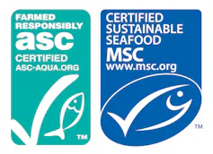 Two labels from the Marine Stewardship Council that tell consumers the seafood is a sustainable choice.