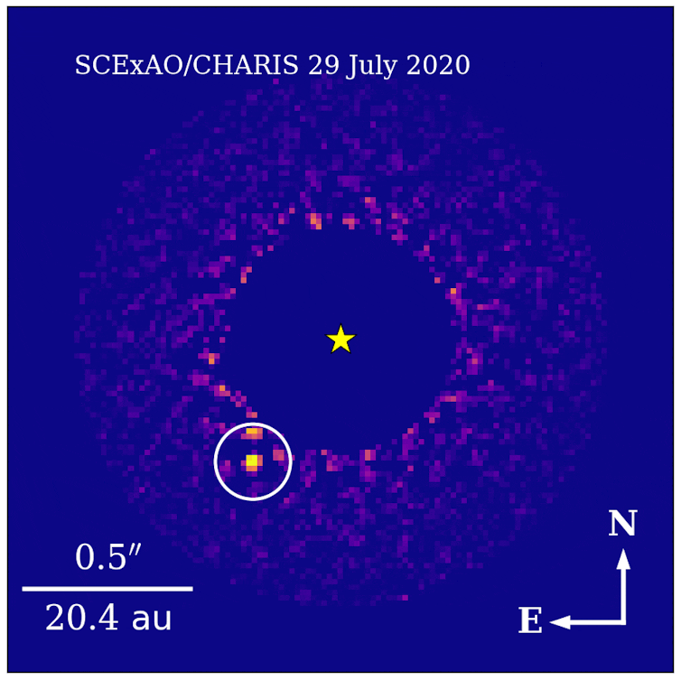 Images of the HIP99770 system, taken with exoplanet imager SCExAO (Subaru Coronagraphic Extreme Adaptive Optics Project) coupled with data from the CHARIS instrument (Coronagraphic High-Resolution Imager and Spectrograph).