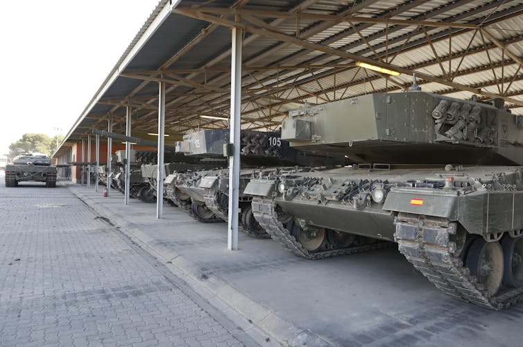 Leopard 2A4 tanks stored in a hangar ikn Spain, March 2023.