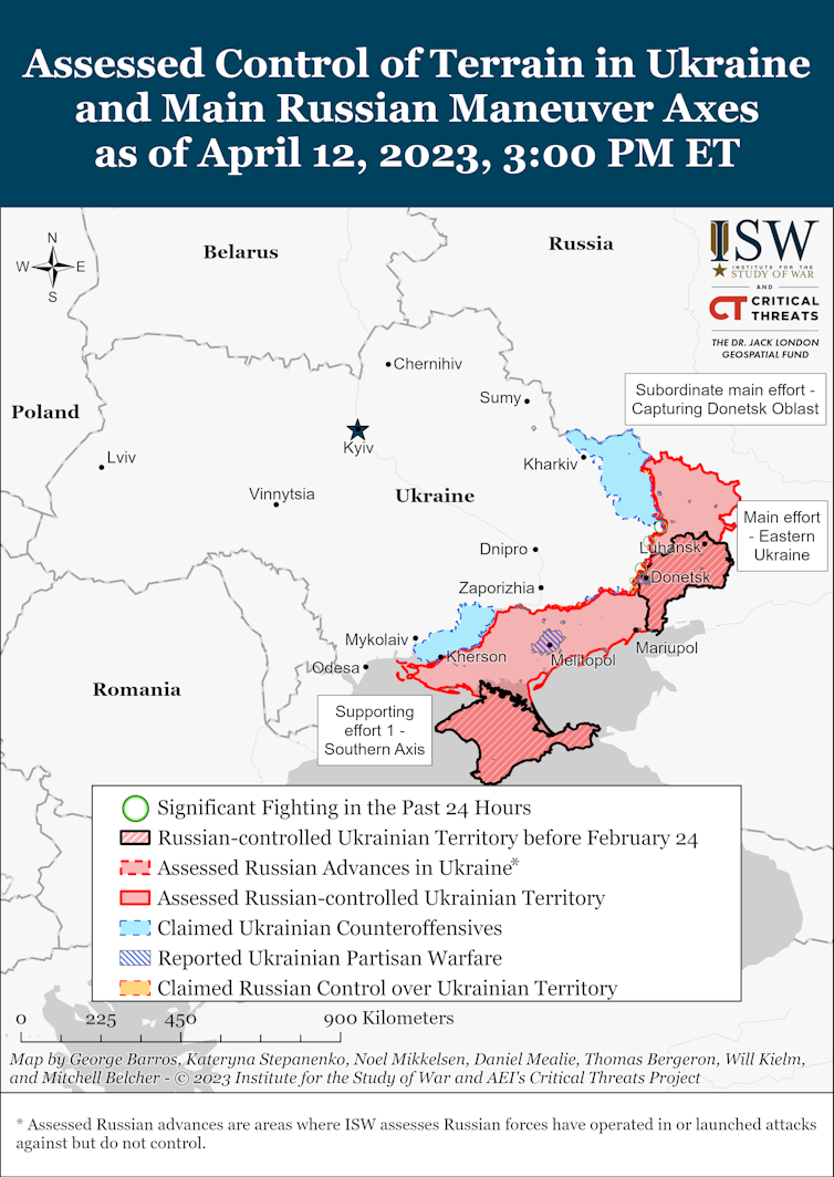 ISW map showing Ukraine and the main areas of fighting and control.