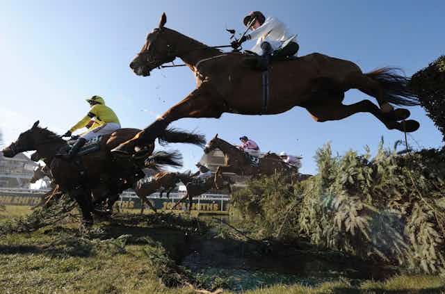 A shot from below of horses jumping at the Grand National, Aintree.
