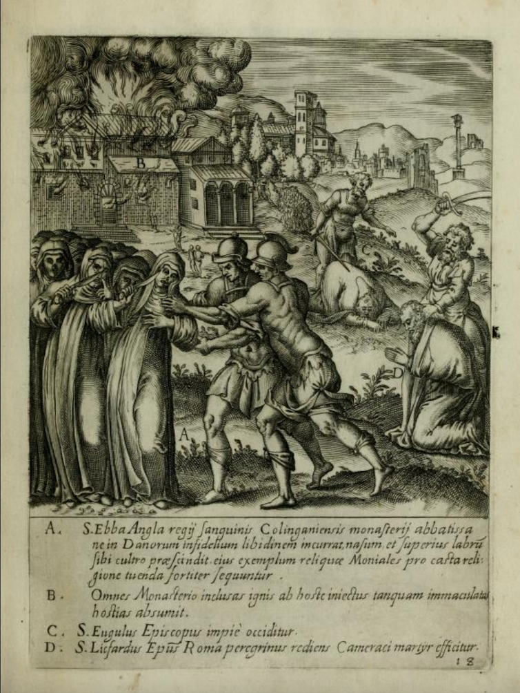 Starożytny rysunek piórem i tuszem przedstawiający świętą kobietę atakowaną przez wikingów.