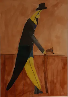 A banana painted with a top hat, coat and cane.