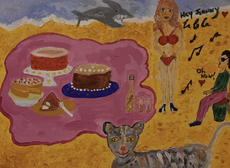 Painting shows a blanket covered in cakes at the beach. A woman in a bikini stands behind a grey tabby cat.