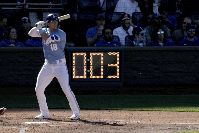 A hitter with the Kansas City Royals is at bat while a pitch clock shows 0:03 in the background