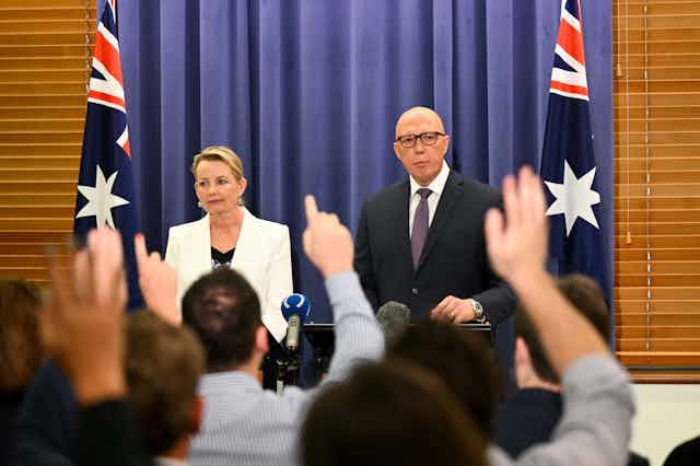 Peter Dutton and Sussan Ley at a press conference
