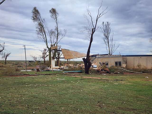 Damage to buildings and trees at the Pardoo Roadhouse and Tavern in Pardoo, Western Australia, Friday, April 14, 2023. Tropical Cyclone Ilsa has crossed the Western Australian coast as a severe, category-five system 