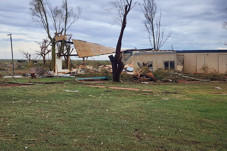 Damage to buildings and trees at the Pardoo Roadhouse and Tavern in Pardoo, Western Australia, Friday, April 14, 2023. Tropical Cyclone Ilsa has crossed the Western Australian coast as a severe, category-five system