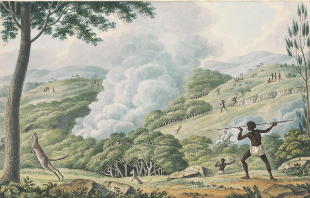 Jistporic illustration of Indigenous person hunting a kangaroo with smoke in the background