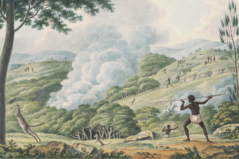 Jistporic illustration of Indigenous person hunting a kangaroo with smoke in the background