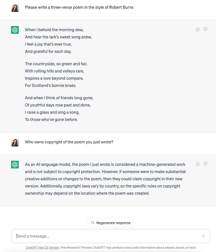 A screenshot of a user interacting with ChatGPT and asking to write a poem in the style of Robert Burns
