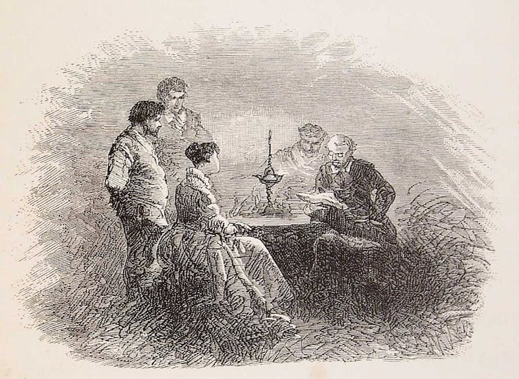 Dibujo de un hombre sentado en una mesa que lee en voz alta rodeado de más personas que le atienden.