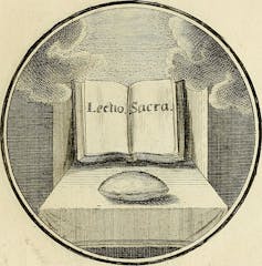 Ilustración de un libro abierto sobre una mesa con un pan delante.