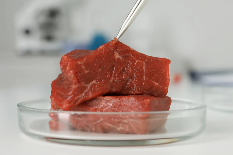 A piece of raw cultured meat being examined with tweezers in a laboratory.