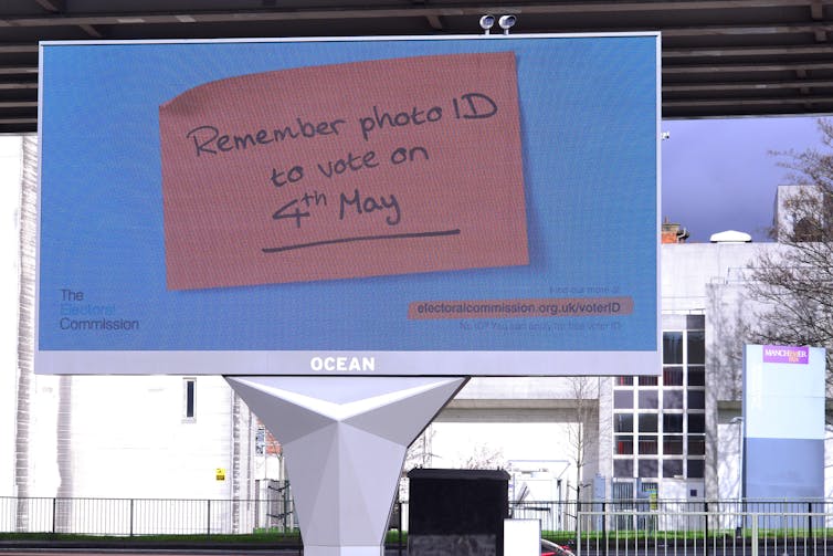 An advertising billboard informing people that they must bring ID to vote in May's local elections.