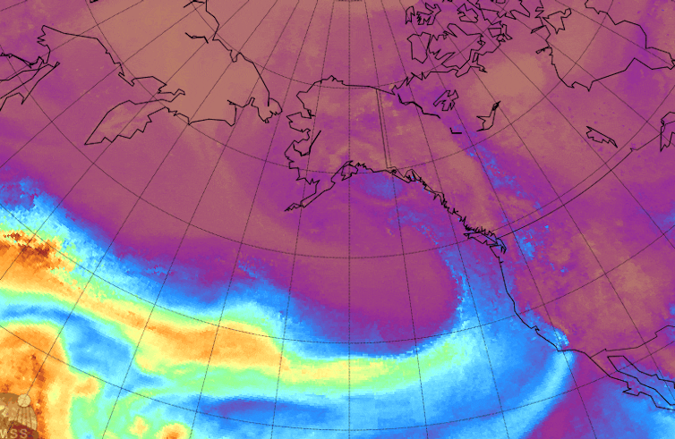 Animation with large brightly colored streams flowing from mid-Pacific to North American west coast.
