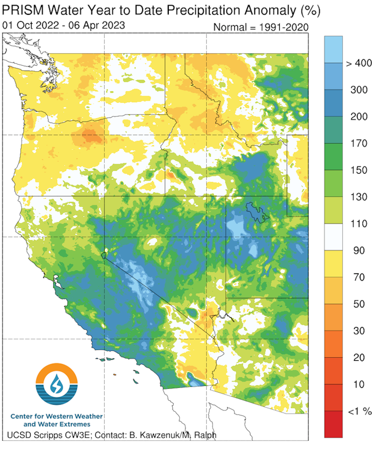 Map showing well-above average precipitation across California, Nevada and Utah in particular.