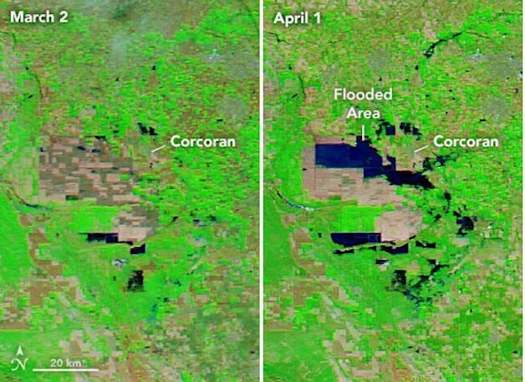 Satellite images show farmland with only a few small lakes in early March, then a larger lake covering that farmland by early April.