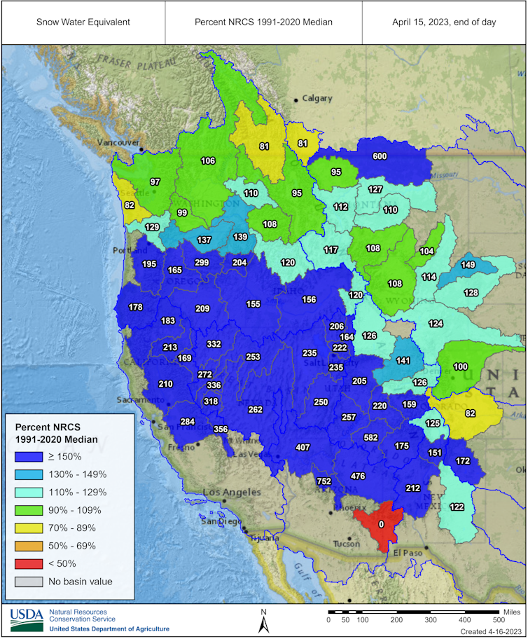 Map of western U.S. divided into many sections each with a number in it.