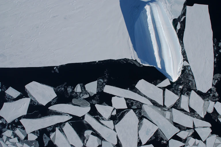 Antarctic sea ice breaking up, as seen from above