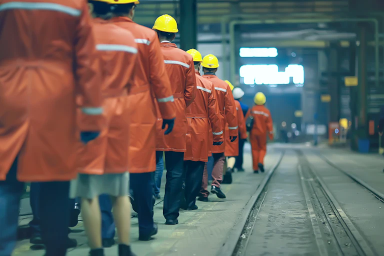 A line of workers in a warehouse wearing hardhats and hi-vis jackets walking away from the camera