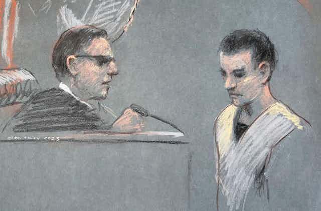 Artists impression of US Aircraftsman First Class Jack Teixeira being charged in a Boston court.