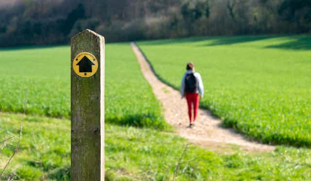 A public footpath post in the foreground and a hiker travelling a long path into the distance.