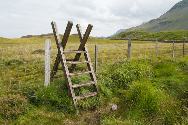 Um stile de madeira sobre uma cerca de arame na charneca.