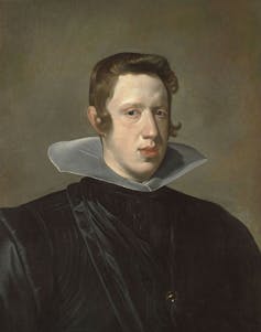 Philip IV, King of Spain by Diego Velazquez, painted in white ruff and black robes, with mullet-like hair.