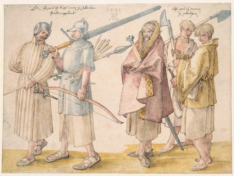Five Irish soldiers are depicted in their armor.