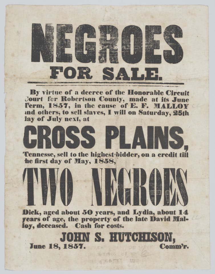 Un cartel que anuncia la venta de un hombre esclavizado llamado Dick y una niña esclavizada llamada Lydia en Cross Plains, Tennessee, fechado el 18 de junio de 1857.