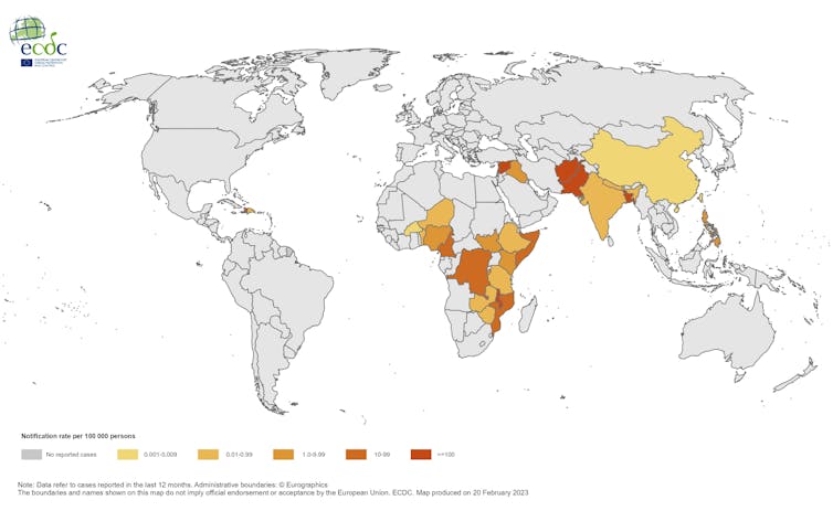 A map showing the geographical distribution of cholera cases reported worldwide from February 2022 to February 2023.