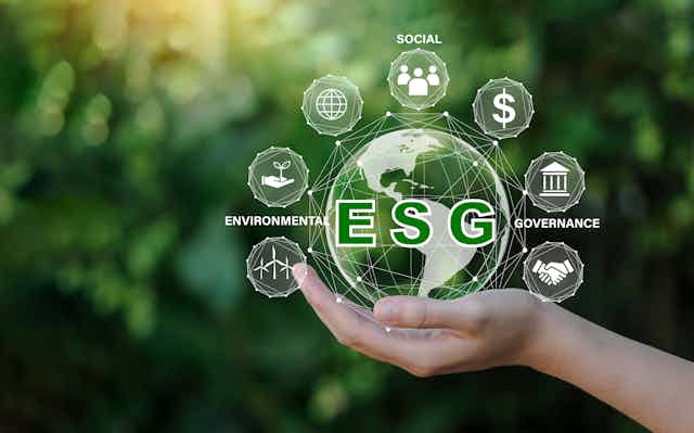 A hand holding a globe with ESG factors
