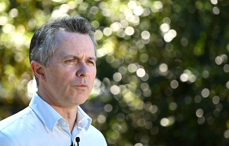 Federal Education Minister Jason Clare at a press conference.