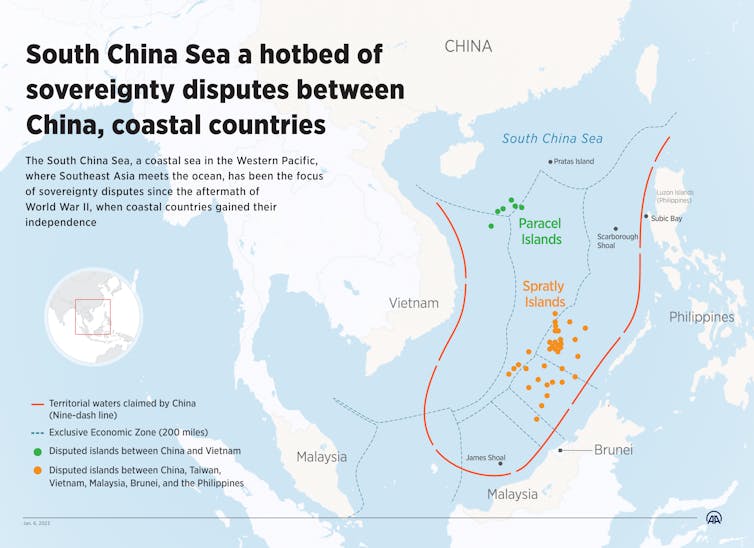 An infographic shows a map of the South China Sea and surrounding countries, with their claims to the waters represented by dotted lines.