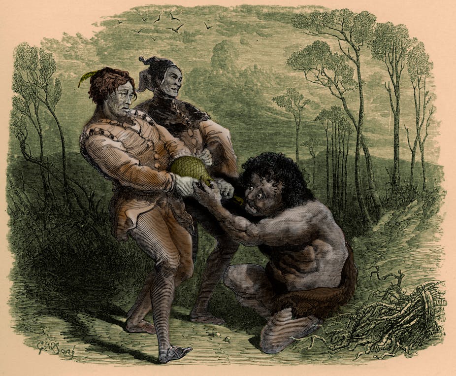 A sketch of The Tempest character Caliban tussling with two male characters.