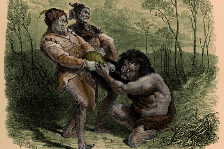 A sketch of The Tempest character Caliban tussling with two male characters.