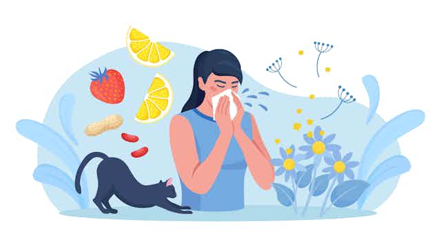 Illustration d'une femme allergique se mouchant.