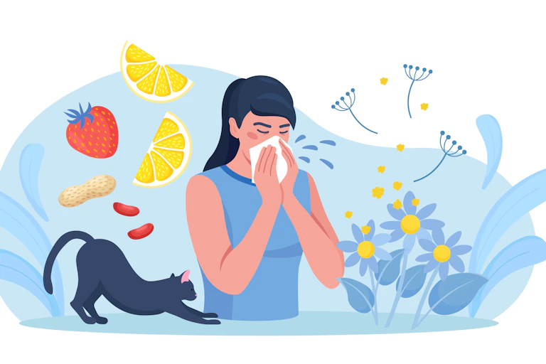 Illustration d'une femme allergique se mouchant.