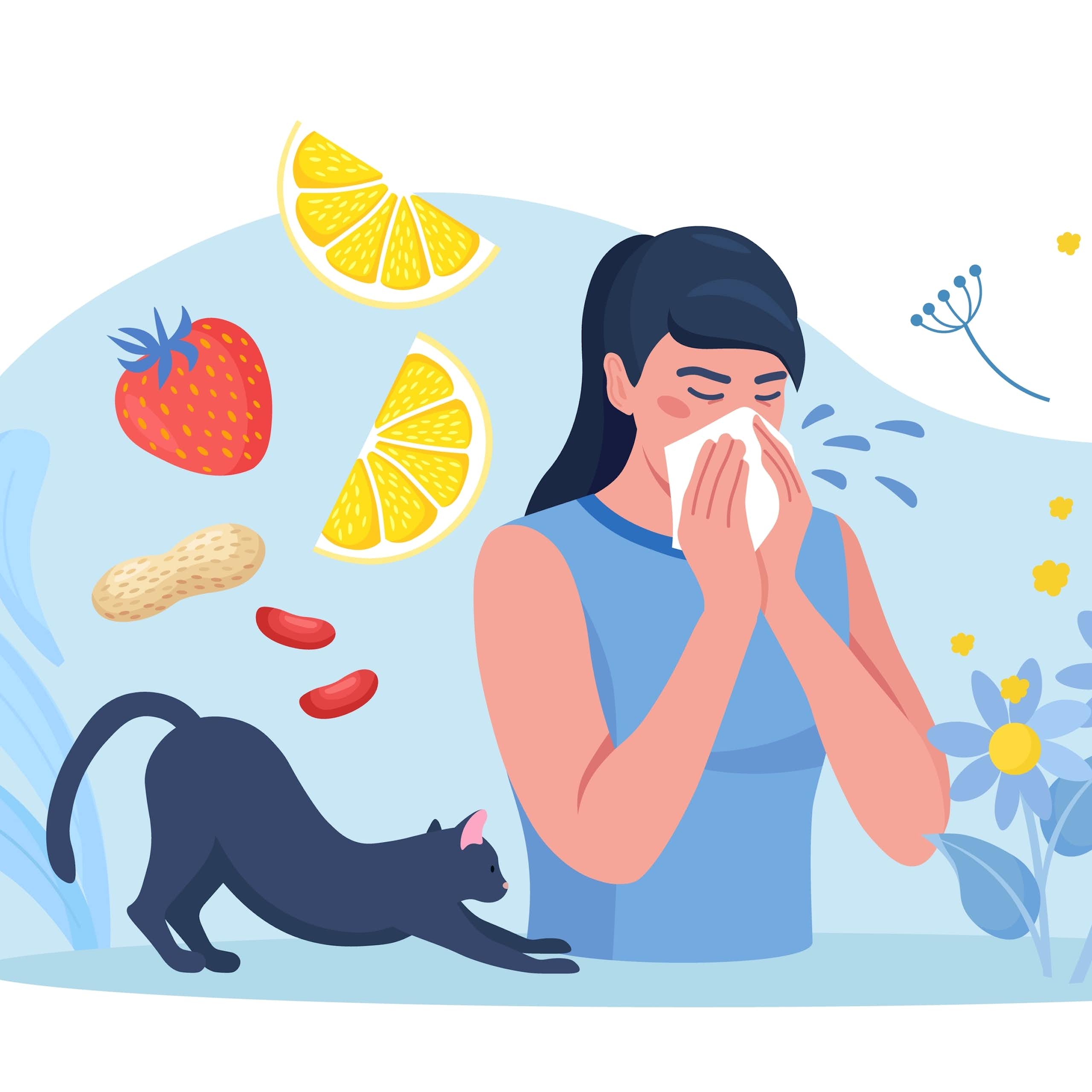 Illustration d'une femme allergique se mouchant.